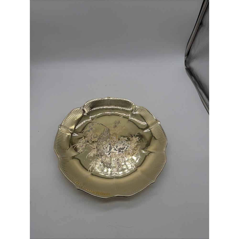 Vintage Gold Tone Etched Peacock Scalloped Decorative Plate Floral 10.25 Inch